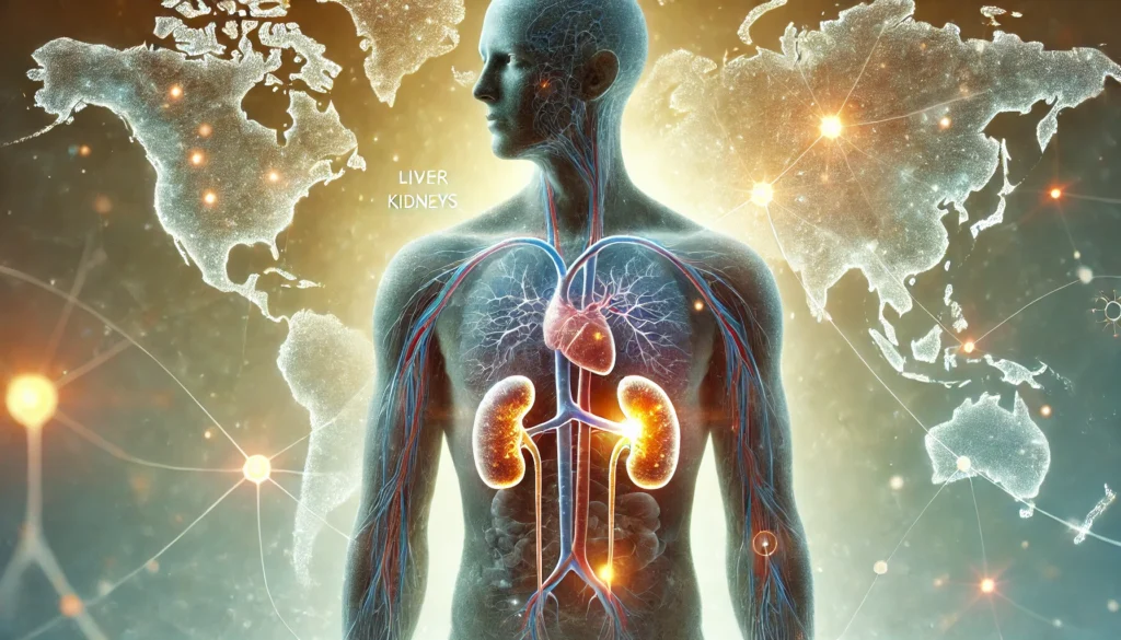 A conceptual depiction of toxicity accumulation, featuring a human figure with subtle glowing areas in the liver, kidneys, and bloodstream, set against an abstract background symbolizing environmental and dietary toxin exposure.