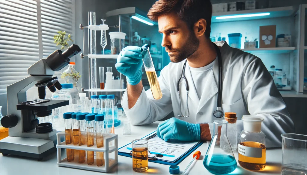 A scientist in a sterile laboratory examining a urine sample in a transparent test container, with a lab bench filled with vials, pipettes, and chemical solutions used for heavy metal testing.