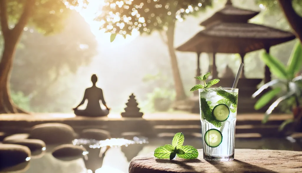 A woman practicing yoga in a bright room filled with natural light, with a glass of detox water infused with mint and cucumber nearby, symbolizing balance, wellness, and detoxification.