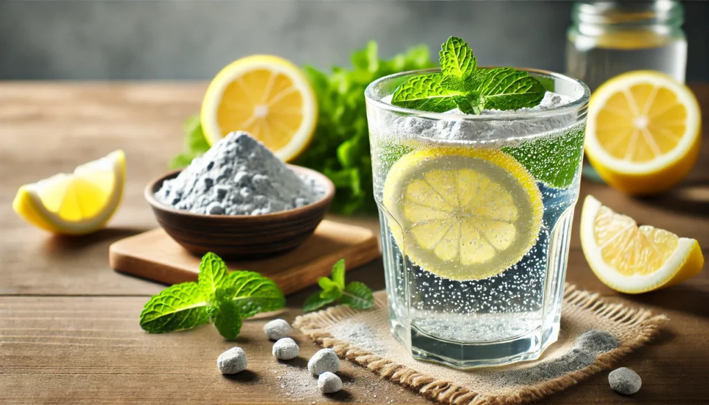 A glass of detox water infused with zeolite powder, lemon slices, and mint leaves, placed on a wooden table in a bright setting, symbolizing natural detoxification using zeolite.