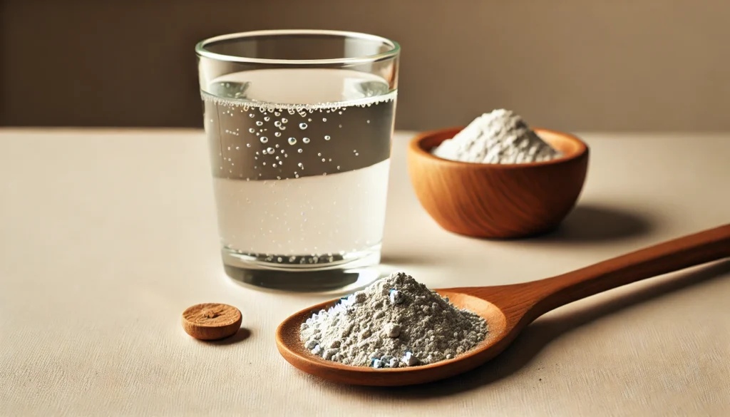 A minimalist wellness setup featuring a wooden spoon filled with zeolite powder next to a glass of water, set against a clean and neutral backdrop, representing zeolite as a natural detoxifying agent.