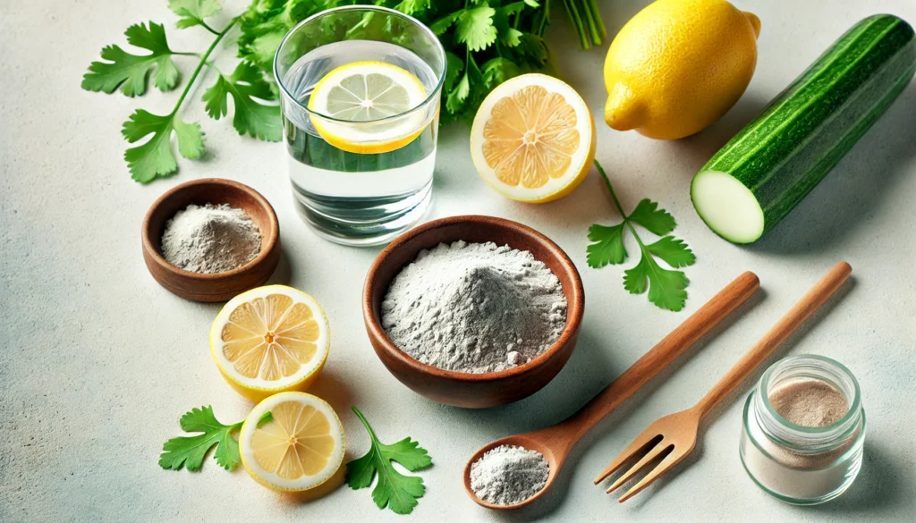 A wellness-themed composition featuring a small bowl of zeolite powder with a wooden spoon, surrounded by detoxifying ingredients like lemon slices, cilantro, and a glass of water, symbolizing holistic detoxification.