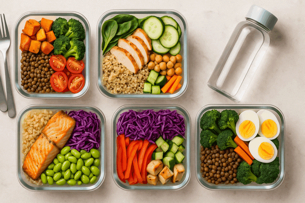 Colorful assortment of healthy make ahead lunches for work in reusable glass containers, including vegetables, grains, and proteins on a kitchen counter.