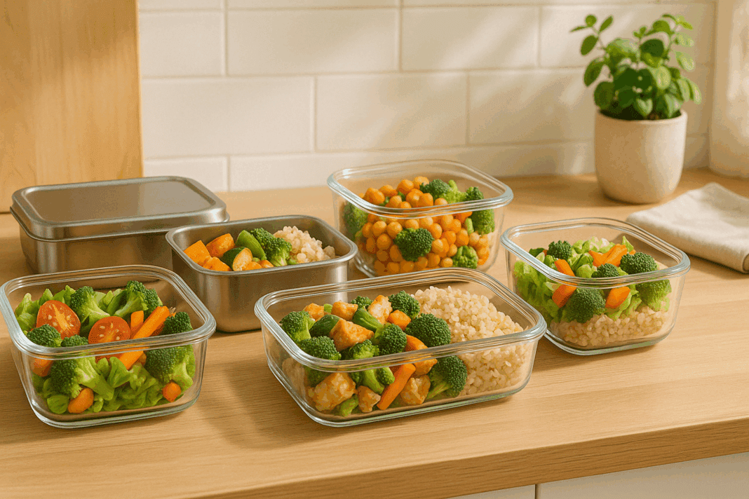 Modern kitchen counter organized with BPA free meal prep containers filled with colorful, healthy meals like salads and grains in glass and stainless steel.