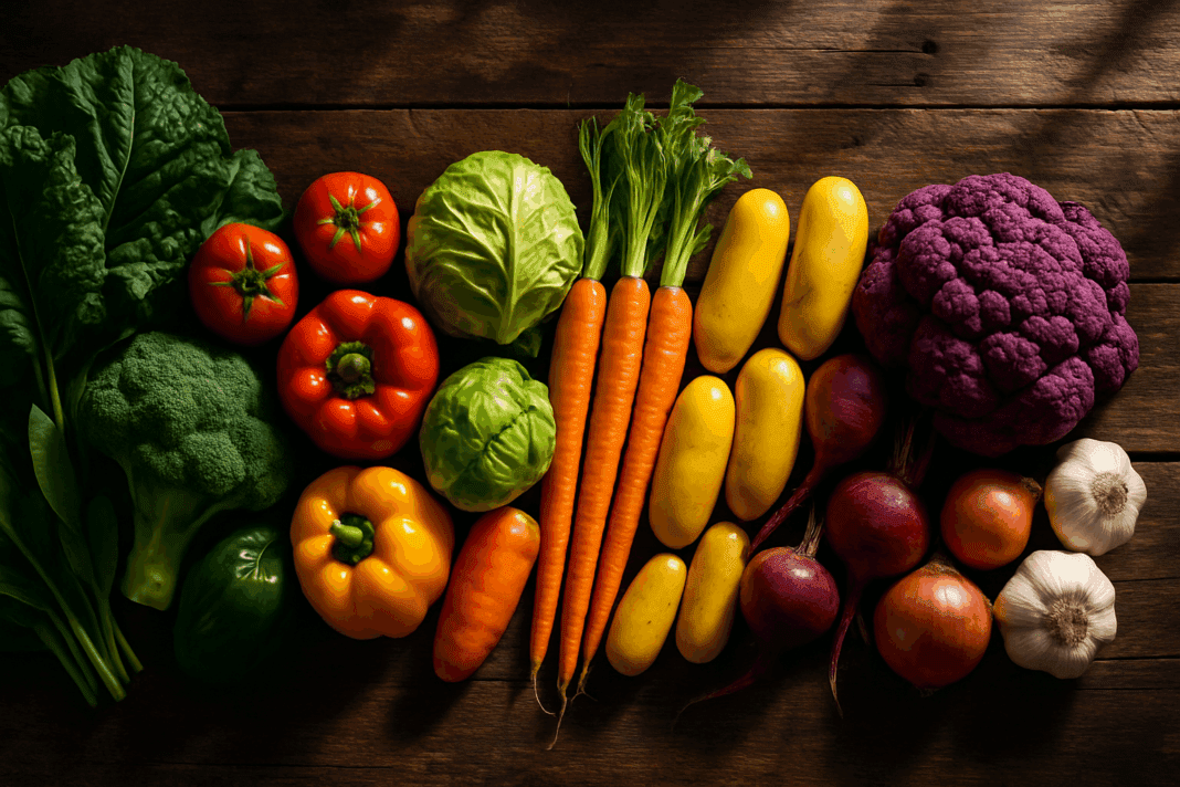 Colorful display of fresh vegetables like kale, carrots, beets, and broccoli arranged for healthy eating inspiration related to 30 vegetarian soup recipes