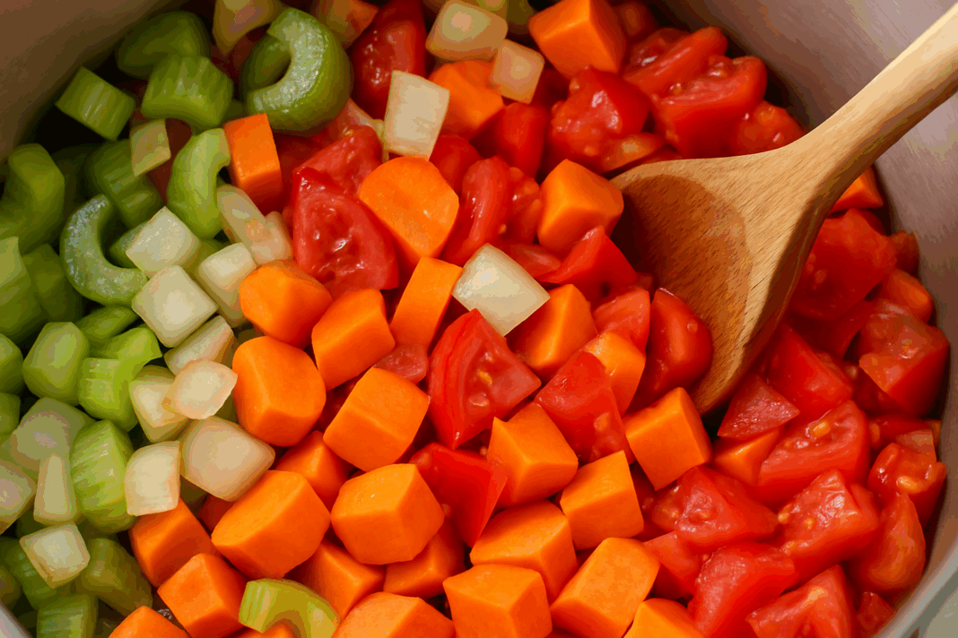 Steaming bowl of vegetable soup surrounded by fresh ingredients, illustrating how to make the best vegetable soup