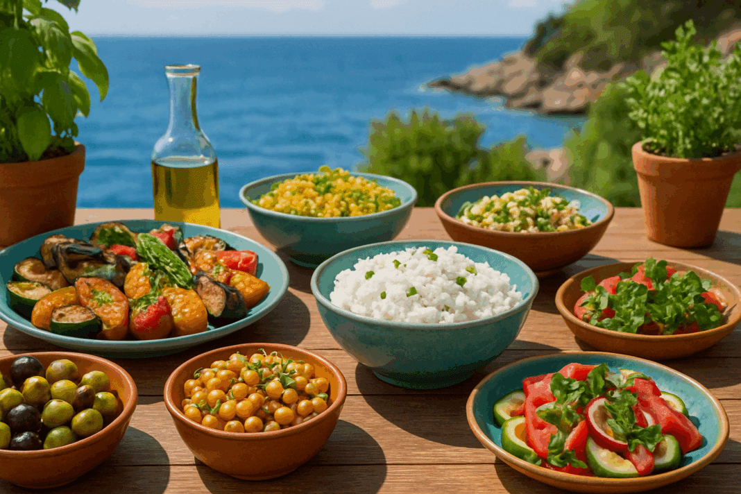 Colorful Mediterranean meal with grilled vegetables, legumes, olive oil, and white rice, illustrating the question: can you eat white rice on the Mediterranean diet