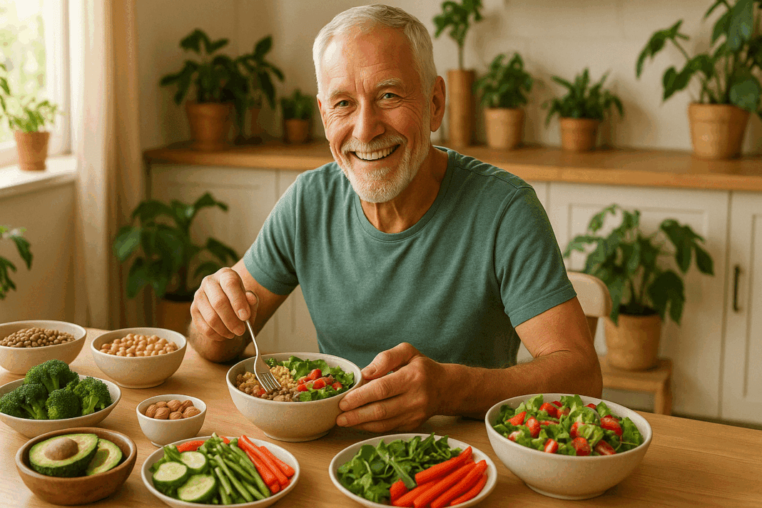 Senior man enjoying colorful whole foods at home, showcasing the Best Plant-Based Eating Habits for a Healthy Diet in Senior Vegetarian Men