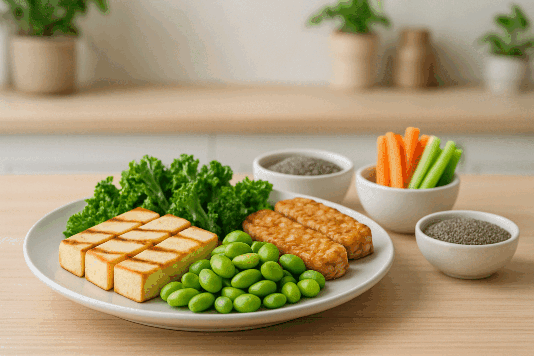 Grilled tofu, lentils, edamame, and leafy greens arranged on a wooden table to showcase the best low calorie high protein foods for weight loss