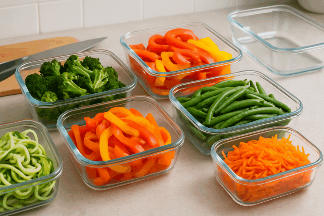 Colorful assortment of fresh vegetables on a wooden table, visually illustrating how many calories in vegetables vary by type