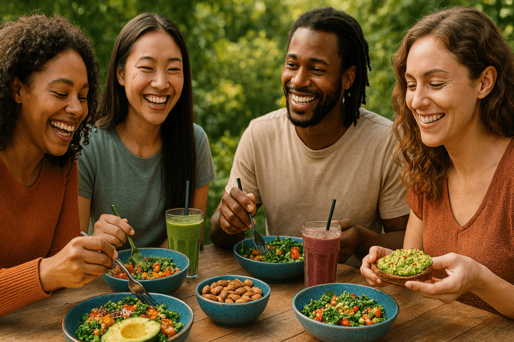 "Whole-food high calorie foods for weight loss like avocado, nut butters, quinoa, and dried fruits arranged on a rustic kitchen table"