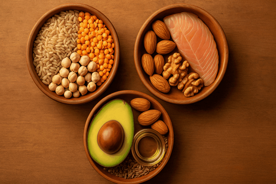 Colorful table spread of vegetables, grains, fish, and healthy fats representing mediterranean diet macros for weight loss