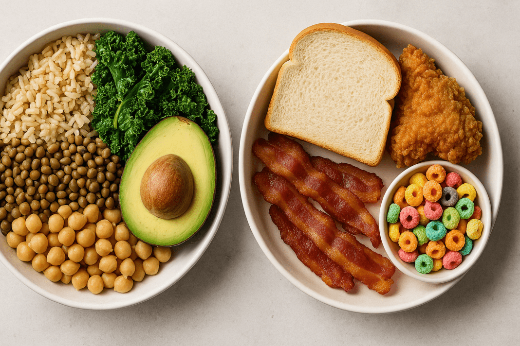 Balanced visual of whole plant foods and processed fast food illustrating the contrast in plant based diet vs Standard American Diet