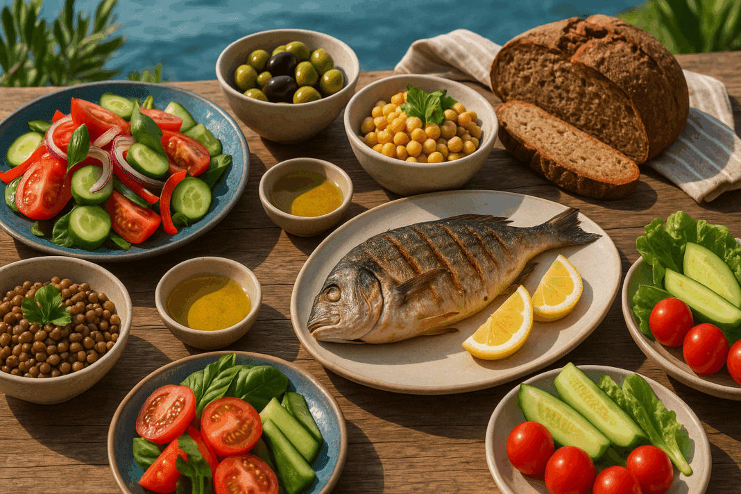 Colorful assortment of fresh ingredients featured in the best Mediterranean prepared meal delivery, including grilled fish, whole grains, leafy greens, and olive oil on a rustic table.