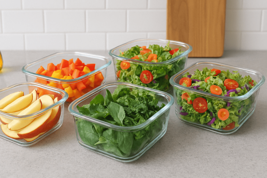 Visual comparison of top fruits and vegetables for weight loss versus high-calorie processed snacks, showing differences in volume and density.