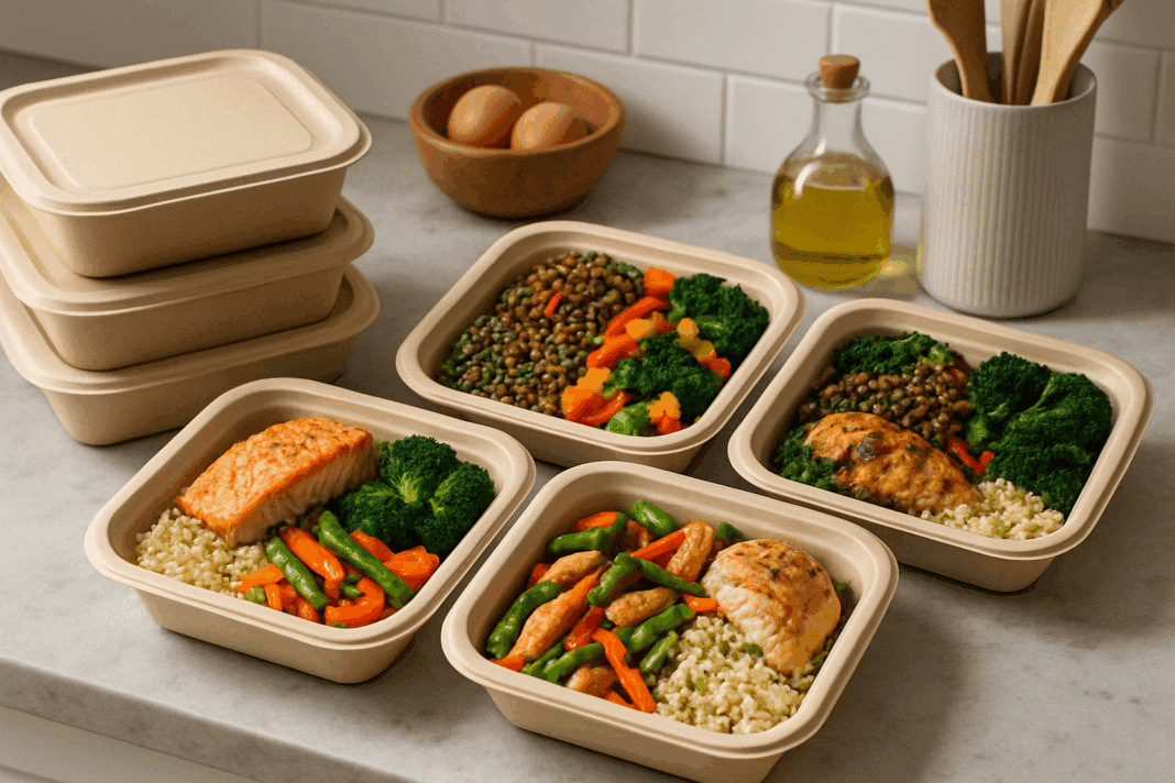 Freshly meal delivery servicea meals arranged on a modern kitchen counter with colorful, balanced dishes like salmon, quinoa, and roasted vegetables