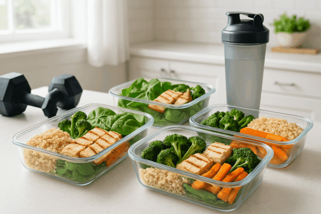 Colorful assortment of prepped plant-based meals in containers on a kitchen counter, illustrating the best meal prep for muscle gain with whole foods.