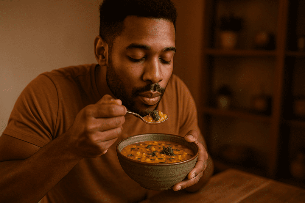 A young African-American man in a mustard t-shirt enjoys a steaming bowl of vegan high-protein soup in a warmly lit, cozy kitchen. The ambient lighting highlights ingredients like broccoli and chickpeas, reinforcing the theme of plant-based recovery in a homey, health-conscious setting.