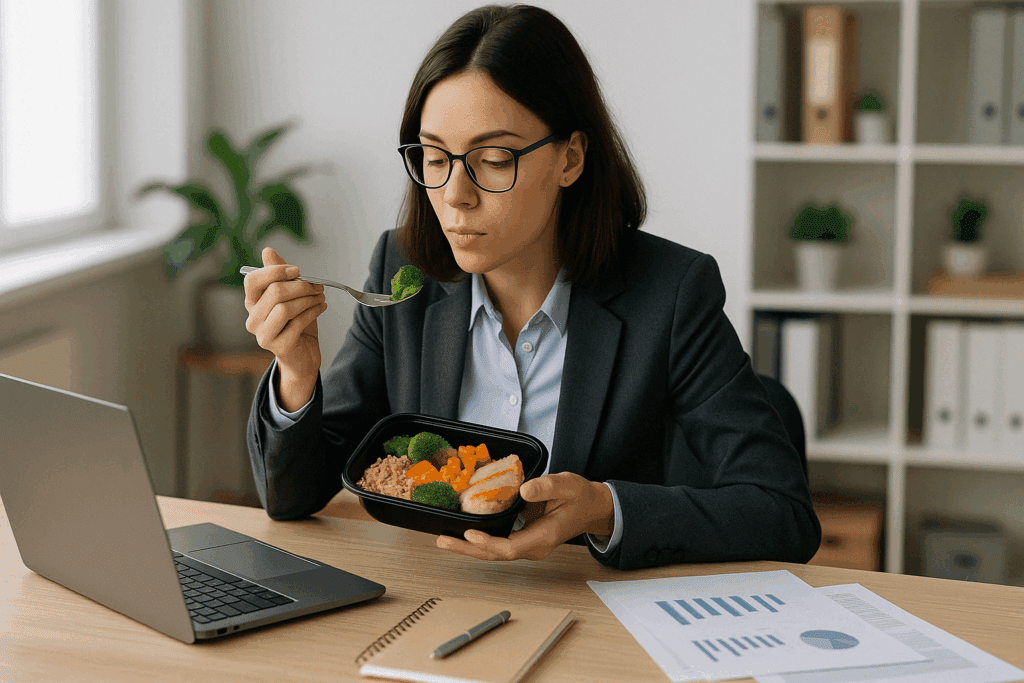 "Are Ready Meals a Smart Choice? How to Pick Healthy Pre Prep Meals Near You That Support a Balanced Lifestyle" 1 Busy professional enjoying ready meals at a work desk with a laptop and healthy lunch container