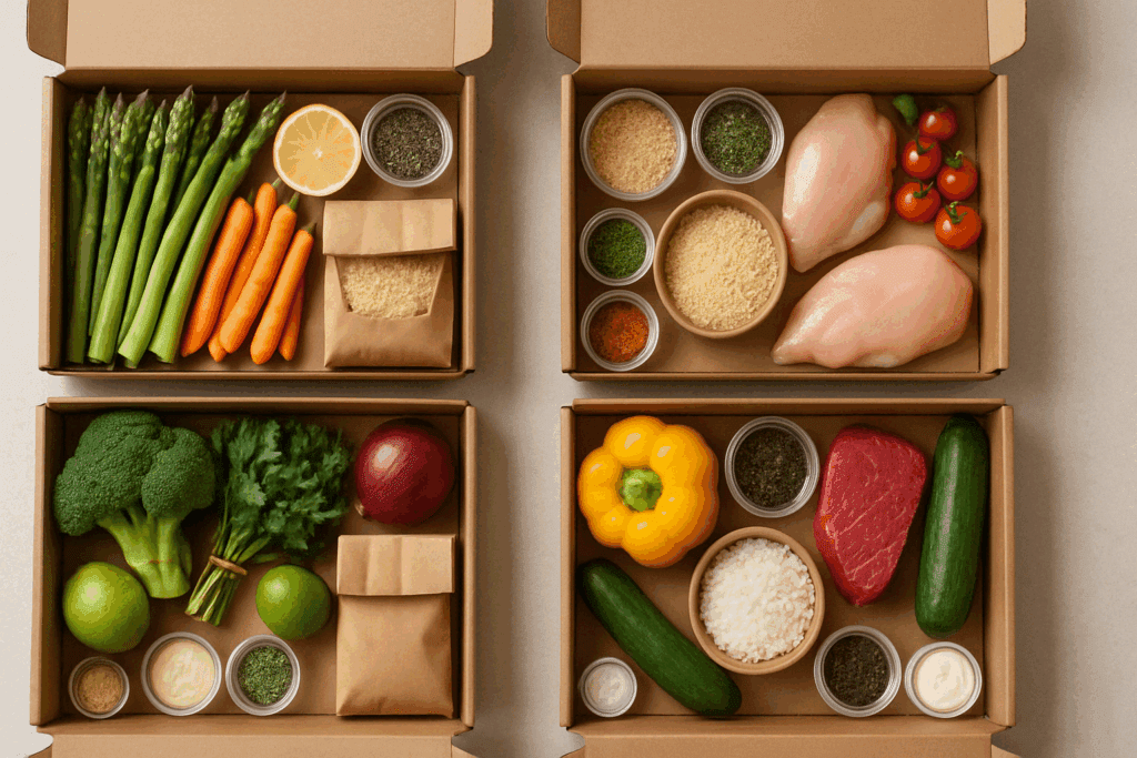 Is a Monthly Meal Subscription Worth It? What to Know About Nutrition, Portion Control, and the Best Meal Kit Deals 1 Woman unpacking a box of fresh vegetables and pre-portioned ingredients from a monthly meal subscription on her kitchen island.