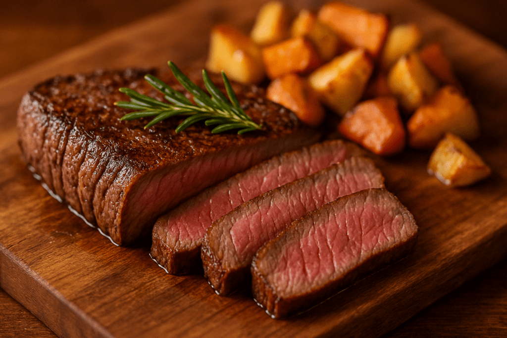“Top view of cooked lean beef, turkey breast, and salmon fillets on a platter labeled as the healthiest meats to eat”