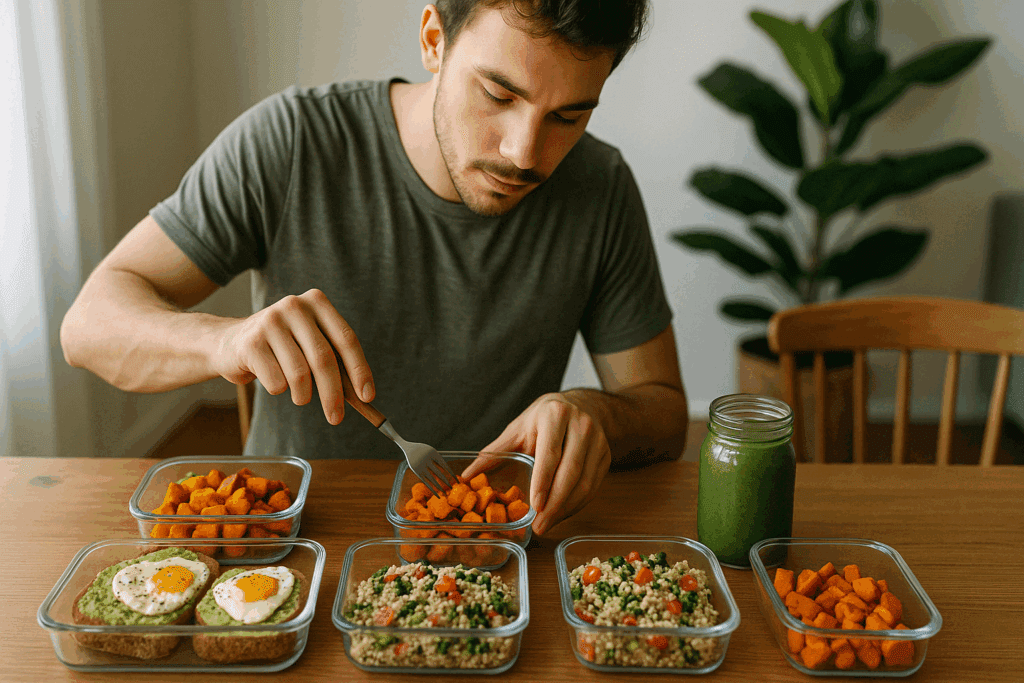 Smart Meal Prep for Weight Gain: Healthy, Calorie-Dense Recipes to Build Strength and Support Wellness 1 Healthy quinoa bowls, avocado toast, and smoothies neatly packed in glass containers for smart meal prep for weight gain
