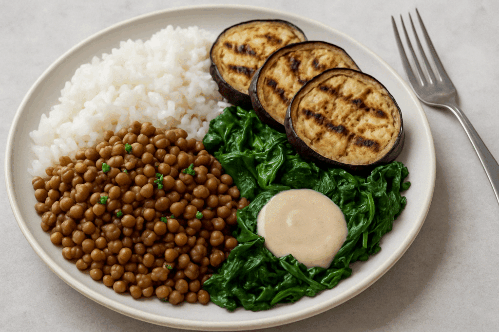 Can You Eat White Rice on the Mediterranean Diet? What Nutrition Experts Recommend 1 Fresh Mediterranean ingredients including white rice, lentils, olive oil, and leafy greens, supporting the idea: can you eat white rice on the Mediterranean diet