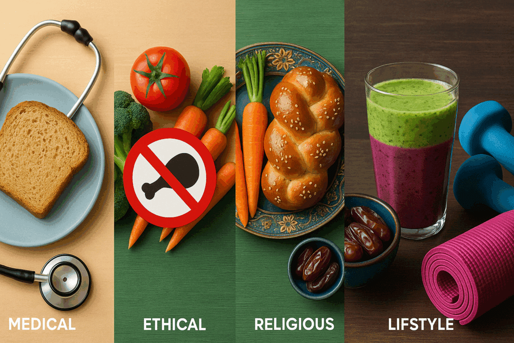 “Assortment of foods representing different types of dietary restrictions including gluten-free, dairy-free, nut-free, and plant-based options”


