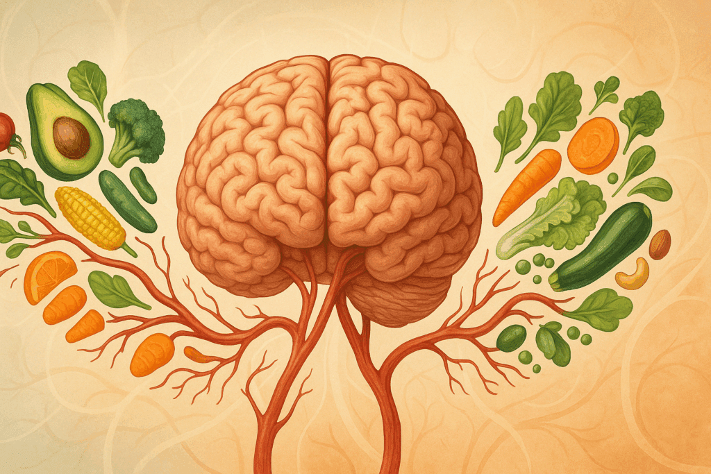 Brain made of healthy foods like berries, seeds, and greens glowing with energy to represent how does diet affect focus.