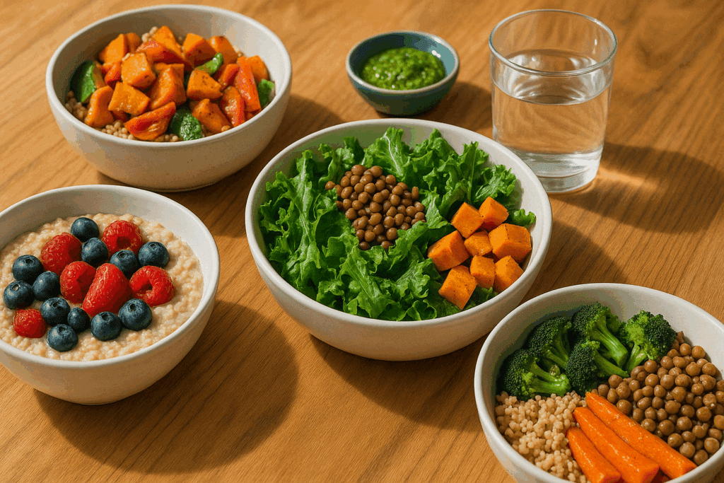 "Overhead view of a week’s worth of vegan meal prep containers showing What I Ate Every Day to Lose Weight."