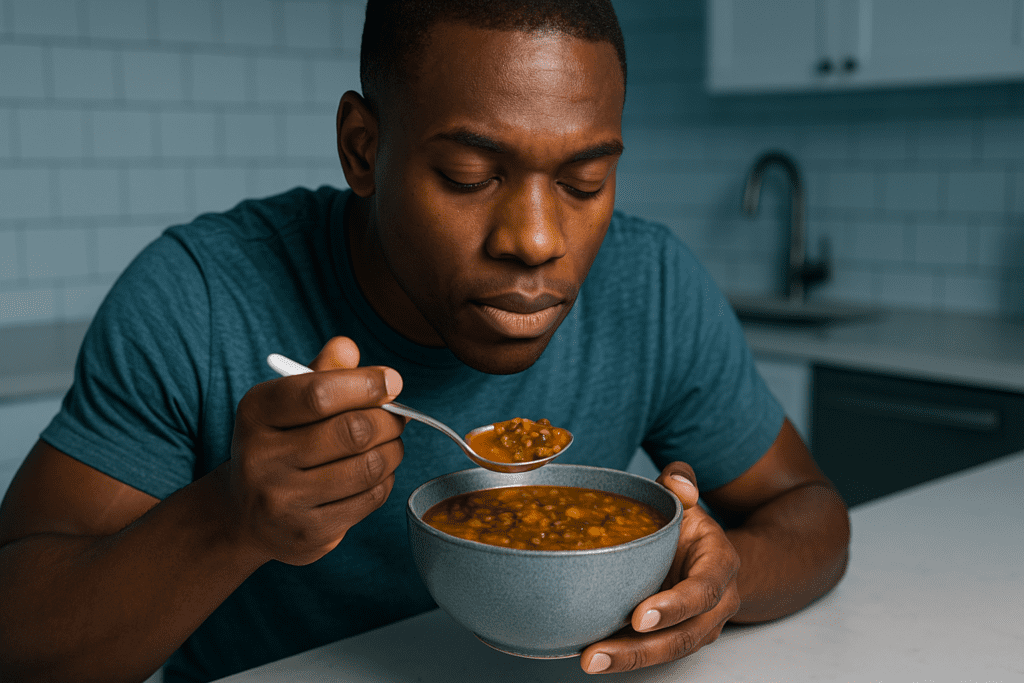 A digital photograph showcases a young African American man enjoying a bowl of lentil soup in a sleek, modern kitchen under cool clinical lighting. The clean environment and calm expression on his face reflect the simplicity and rejuvenating benefits of a wholesome, plant-based vegan meal.