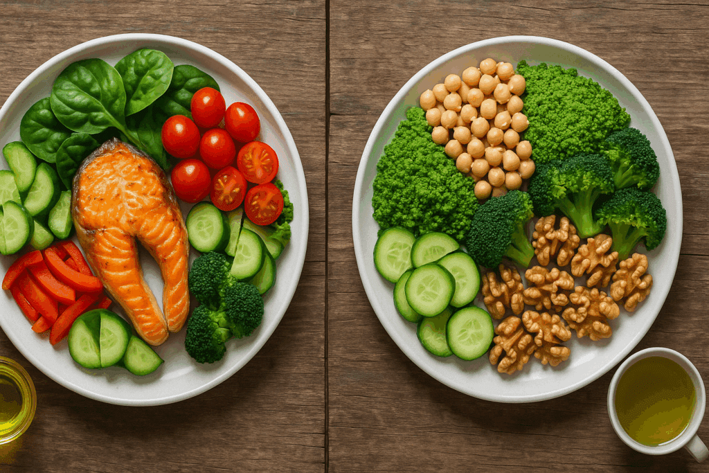 Side-by-side comparison of traditional and green Mediterranean meals featuring legumes, duckweed, and green tea as part of the Green Mediterranean Diet Plan