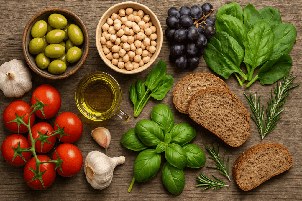 Traditional Mediterranean ingredients like olives, tomatoes, chickpeas, and herbs displayed to show how to start a Mediterranean diet