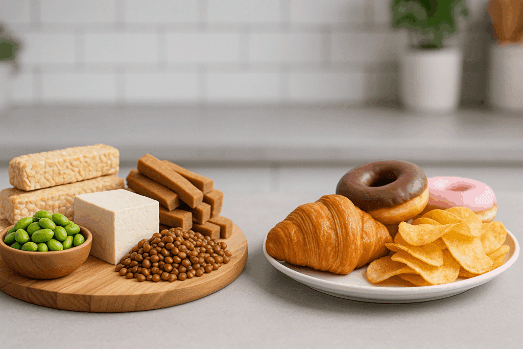 High protein plant foods like tempeh and lentils compared with processed snacks to show best low calorie high protein foods for weight loss
