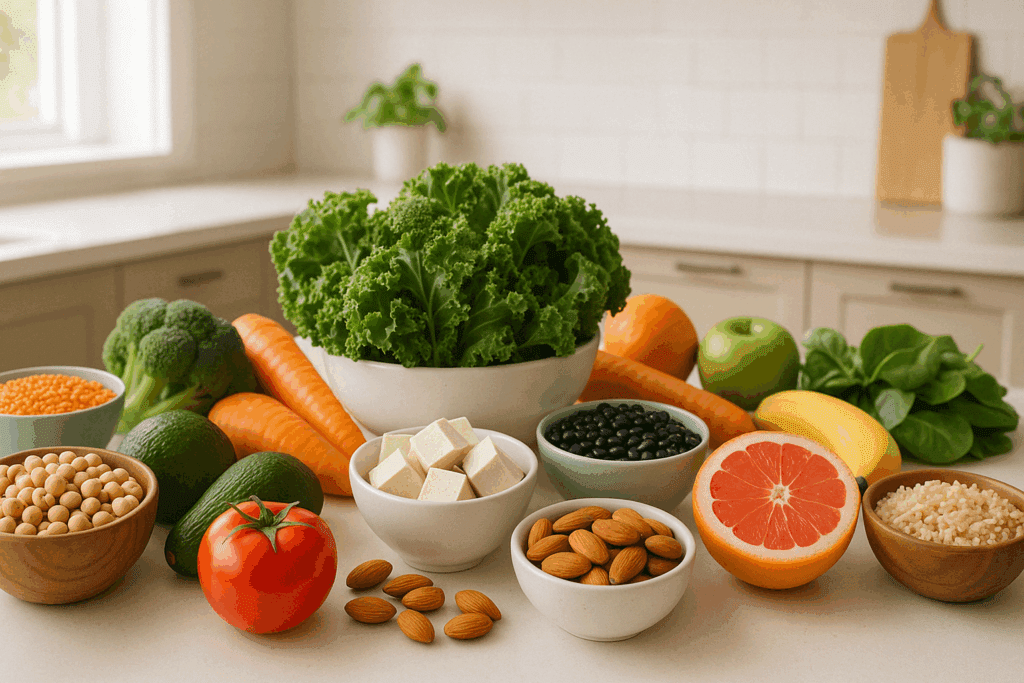 Side-by-side meals comparing plant-based whole foods with a high-calorie animal-based dish, showing how to lose weight on a vegan diet.