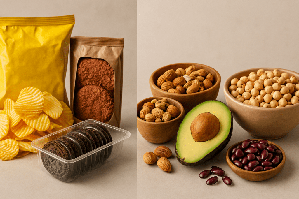 High Calorie Foods for Weight Loss: How Plant-Based Choices Can Help You Gain Healthfully 2 "Side-by-side bowls comparing low and high calorie foods for weight loss with vegetables versus nuts and avocado"