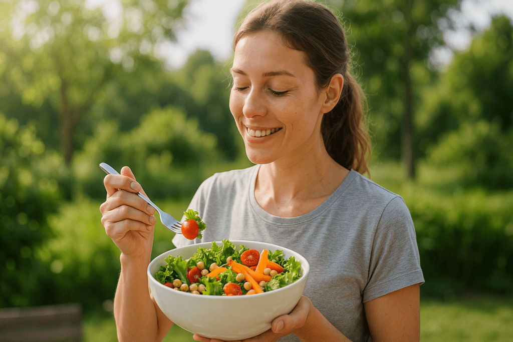 Easy Healthy Vegan Recipes Backed by Nutrition Science: Simple, Plant-Based Meals for Better Energy and Long-Term Wellness 1 A young Caucasian woman with light skin enjoys a vibrant, fresh vegan salad in a lush backyard garden under soft natural morning light. Surrounded by greenery and bathed in warm sunlight, she embodies the ease and vitality of healthy plant-based living, illustrating the benefits of simple vegan recipes for improved energy and wellness.