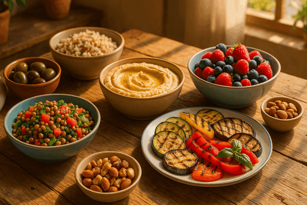 Colorful Mediterranean meal with legumes, grains, and vegetables showcasing a low glycemic Mediterranean diet.