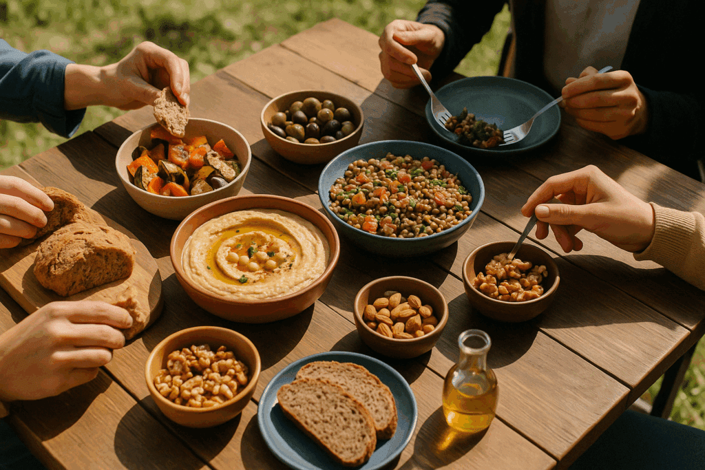 Fresh Mediterranean foods on a seaside table with olive oil, vegetables, and bread, representing what is the Mediterranean ritual for weight loss

