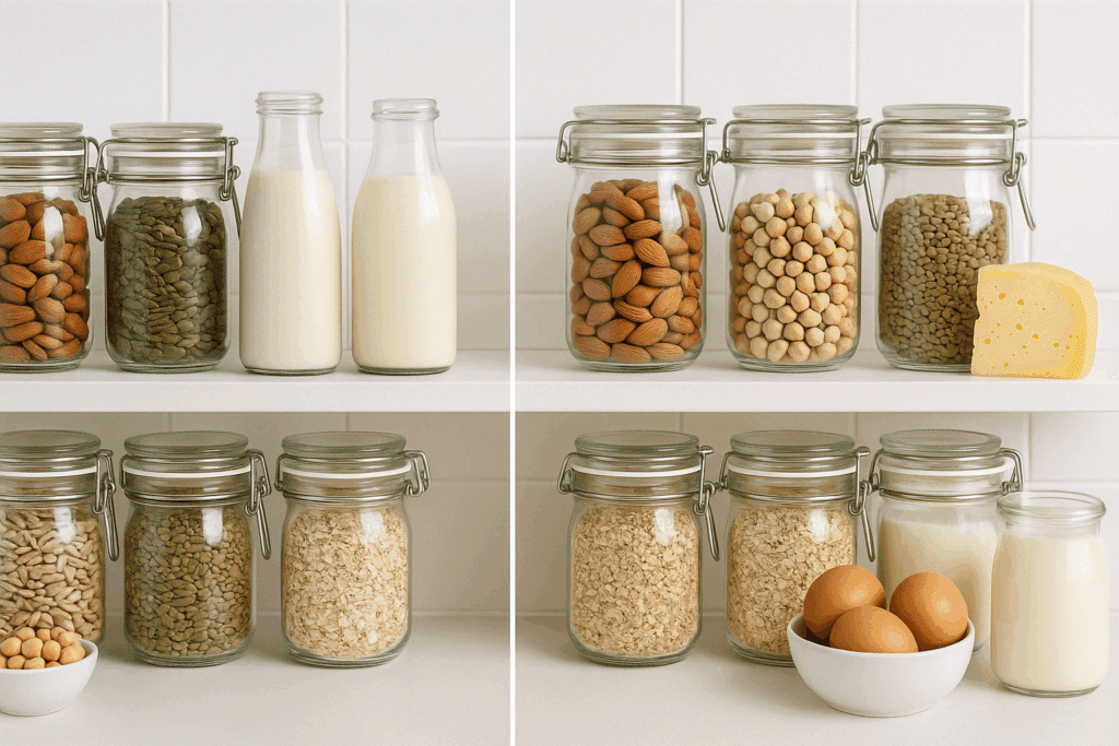 Vegan vs Vegetarian: Key Differences, Health Benefits, and What Plant-Based Really Means 1 Side-by-side pantry comparison highlighting vegan vs vegetarian staples like nuts, legumes, dairy, and eggs