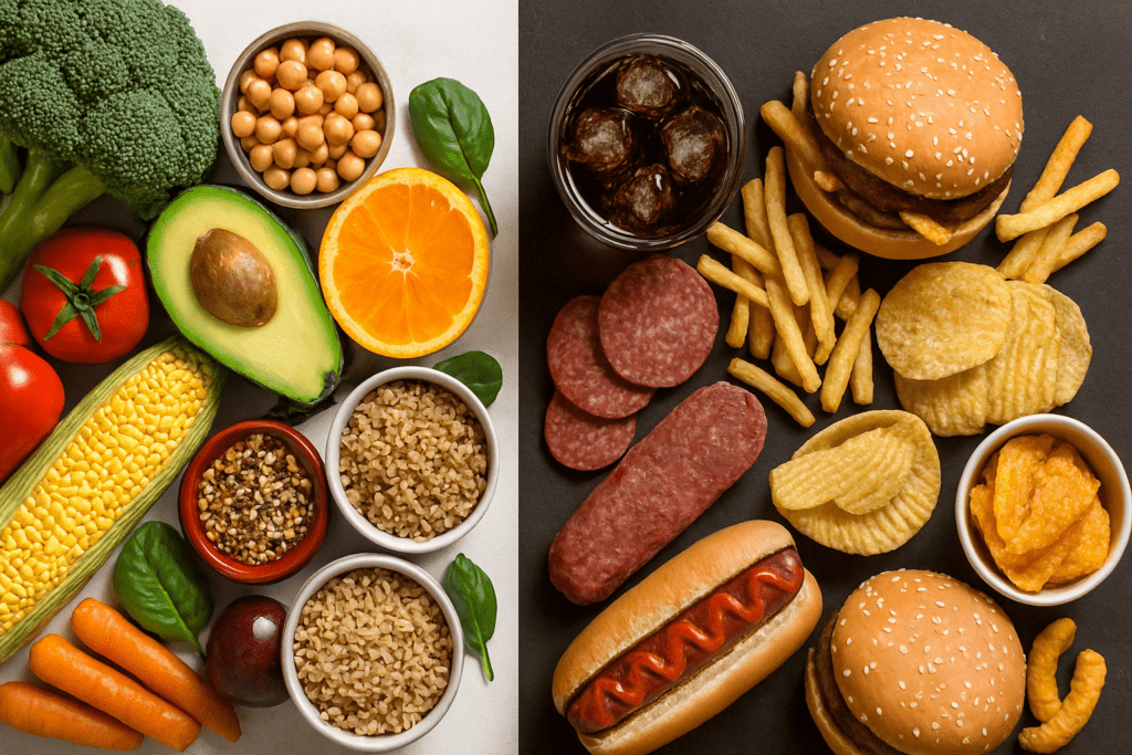 Top-down view of nutritious plant-based bowl beside a Standard American Diet meal for comparing plant based diet vs Standard American Diet