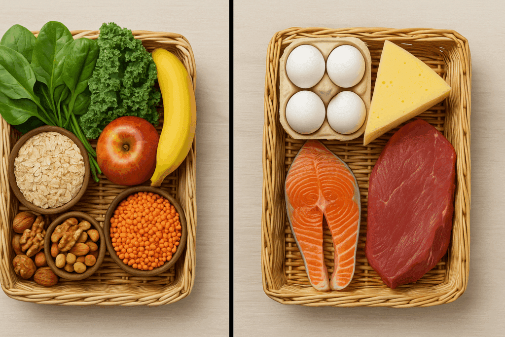 Vegetarian vs Non Vegetarian: What Science Says About Health, Nutrition, and Longevity 1 Grocery baskets filled with ingredients highlighting the nutritional contrast between vegetarian vs non vegetarian diets.