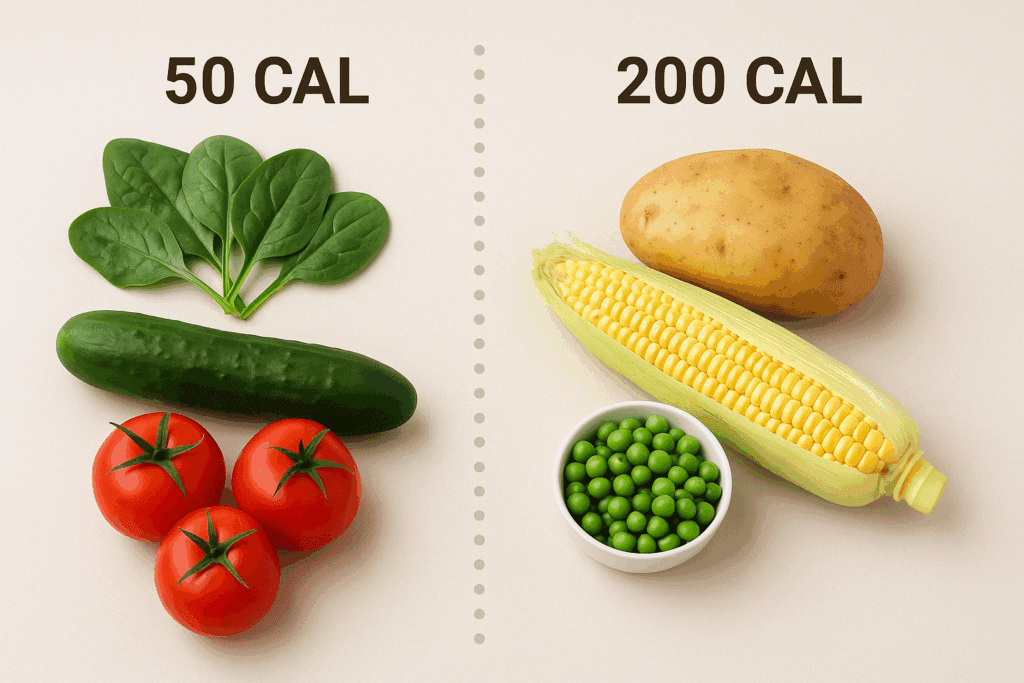 : "Comparison of low-calorie vegetables like spinach and cucumbers versus more calorie-dense starchy vegetables like potatoes and corn, exploring whether vegetables can make you fat based on their caloric density."