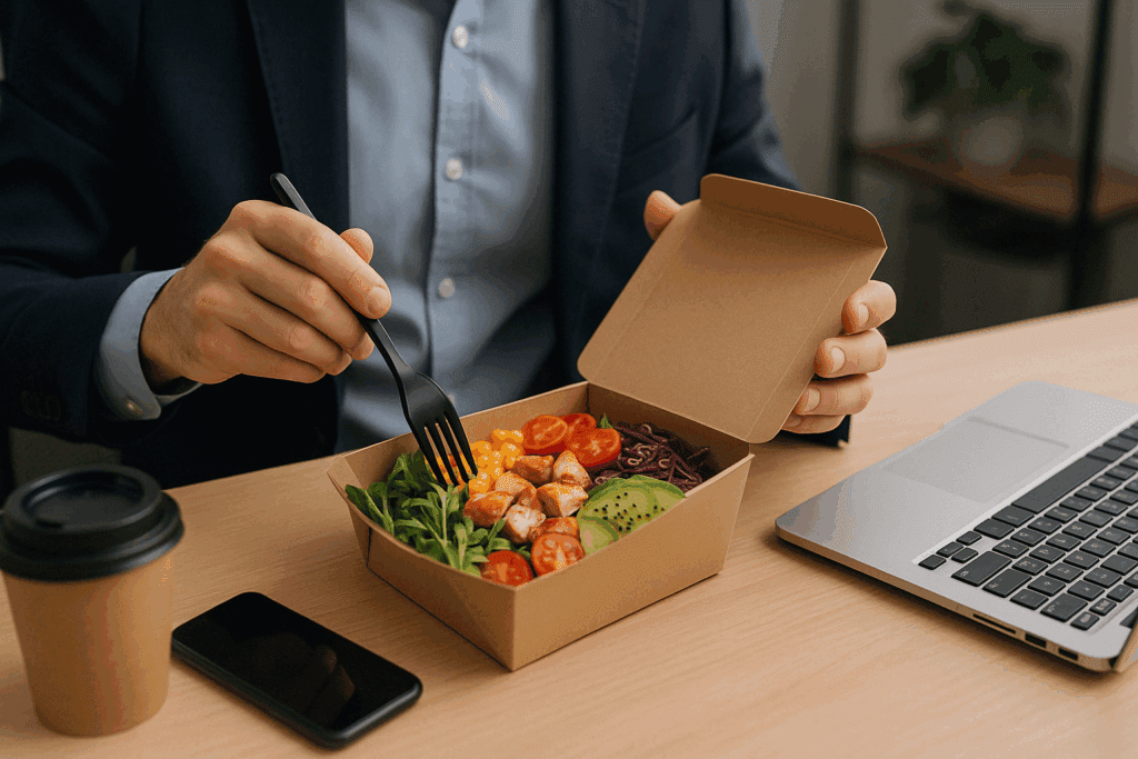 Smart and Fresh: How Healthy Salad Meal Delivery Is Transforming the Way We Eat for Wellness and Weight Loss 1 Busy professional enjoying a healthy salad meal delivery at a work desk with eco-friendly packaging and a laptop nearby