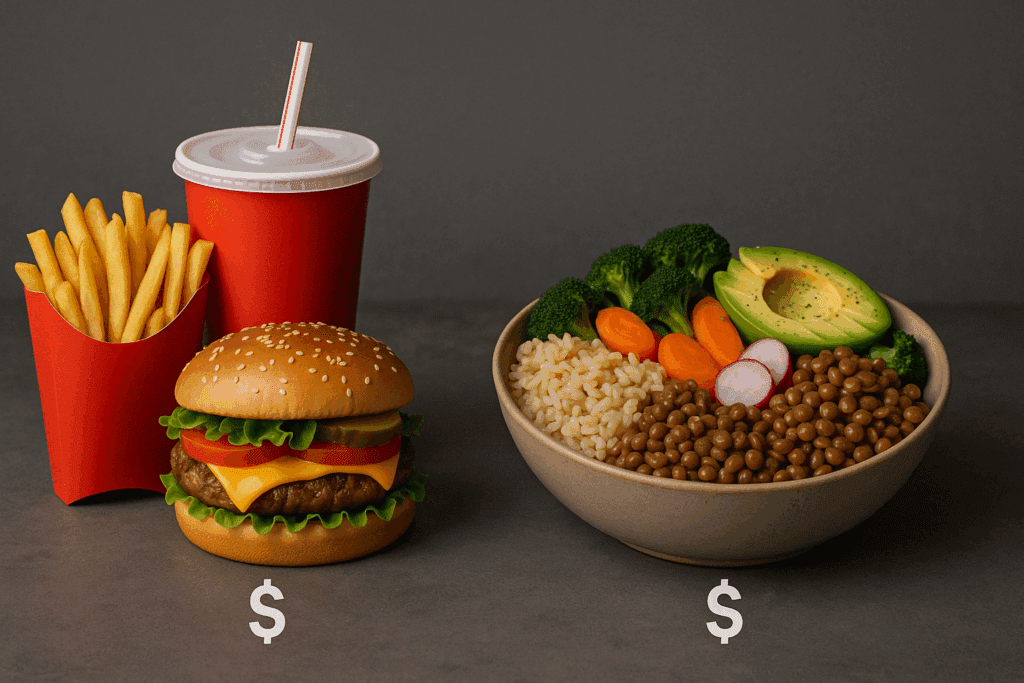 Smart and Simple: Healthy Inexpensive Meal Prep Ideas to Eat Well on a Budget 1 Side-by-side meals comparing a fast-food burger and a nutritious bowl made with ingredients for healthy inexpensive meal prep