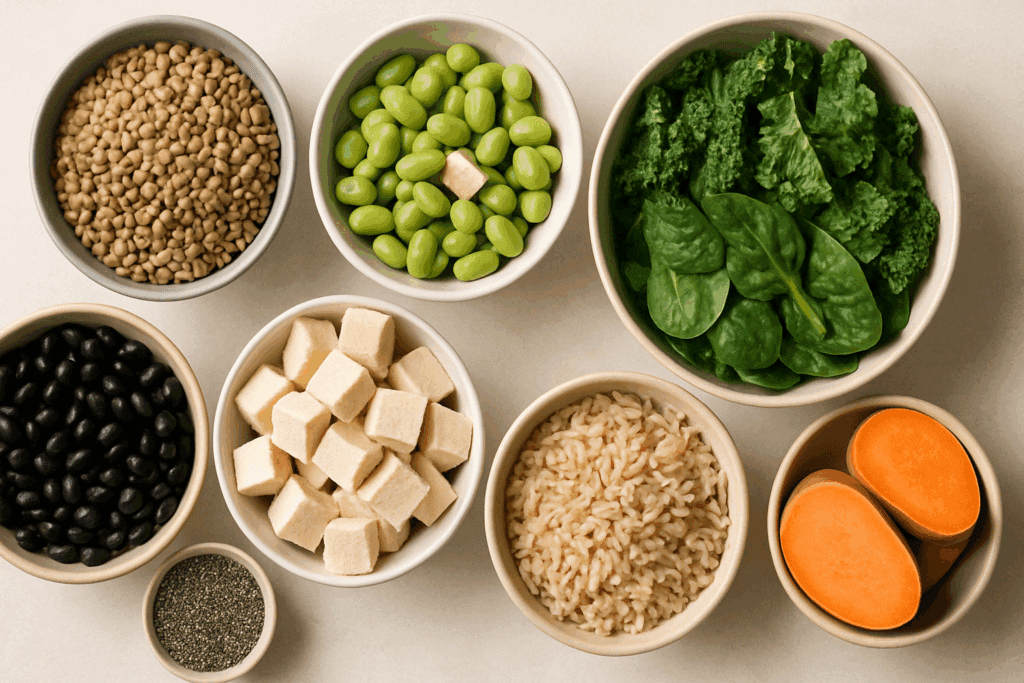 What to Eat While Cutting: Science-Backed Meal Plans to Support Fat Loss and a Healthier Lifestyle 1 Bowl arrangement of lentils, tofu, leafy greens, and sweet potatoes highlighting what to eat while cutting for muscle retention