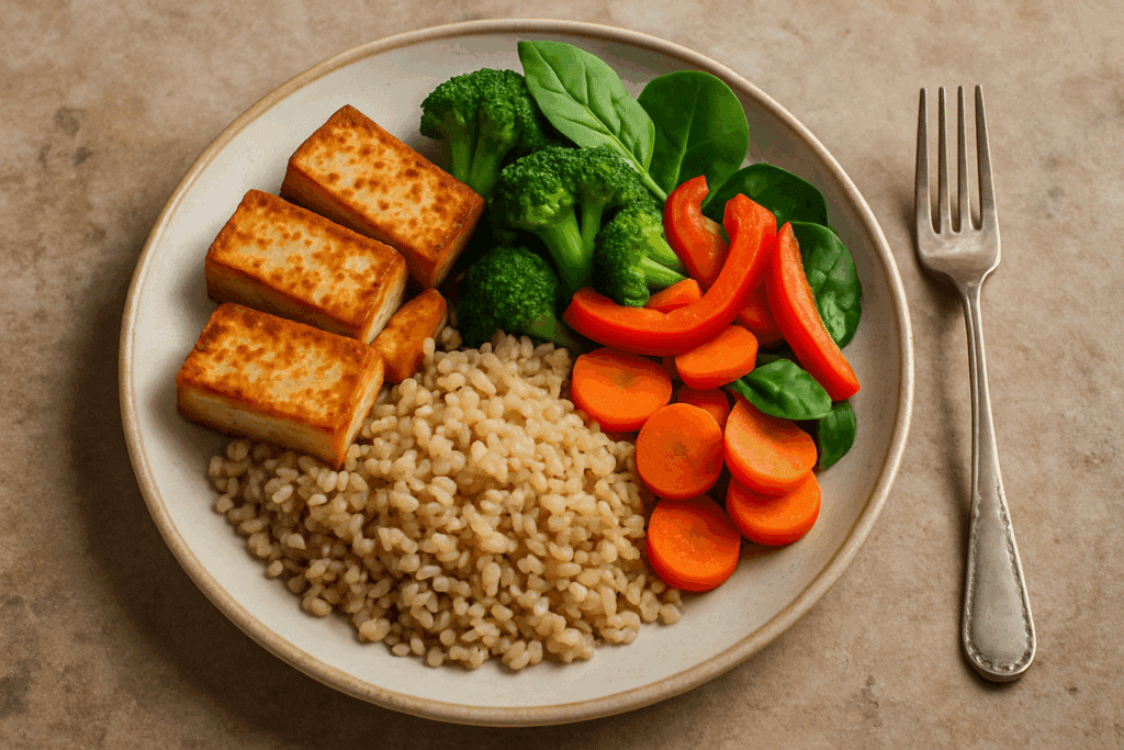 Bodybuilding Simple Meals That Work: Easy Anabolic Recipes for Strength and Growth 1 Balanced plate with tofu, quinoa, and vegetables highlighting the benefits of bodybuilding simple mealsv