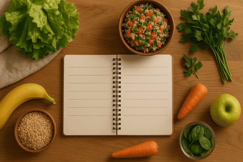 Easy Weekly Meal Plans to Simplify Healthy Eating and Support a Mindful Lifestyle 1 Open notebook surrounded by whole foods and meal prep ingredients, reflecting the structure of easy weekly meal plans.