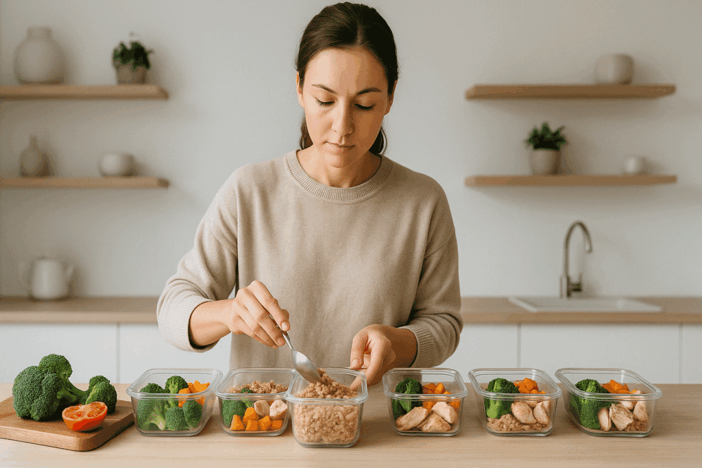 Person portioning vegetables and grains into the best freezer safe meal prep containers for weekly mindful eating routines
