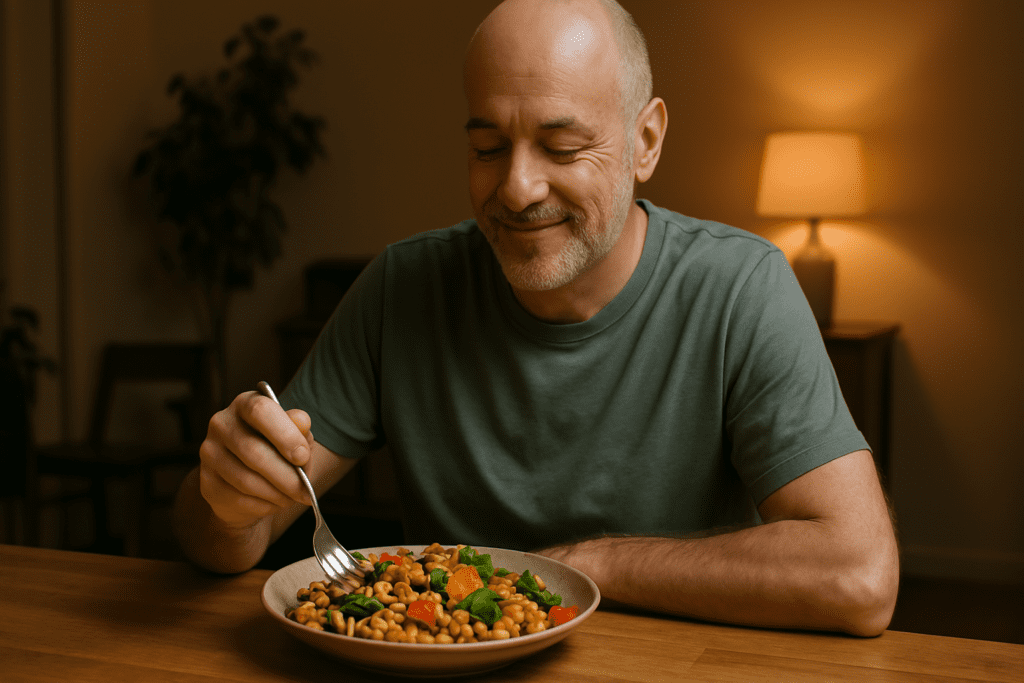 Hearty Vegetarian Entrees That Nourish: Expert-Backed Recipes for Delicious, Healthy Plant-Based Meals 2 A photograph captures a middle-aged Caucasian man with a gray beard and closed eyes, seated alone at a wooden dining table under warm indoor ambient lighting. He enjoys a hearty vegetarian entree of fusilli pasta with spinach, tomatoes, and chickpeas, creating a peaceful, nourishing atmosphere that emphasizes the joy of plant-based home cooking.